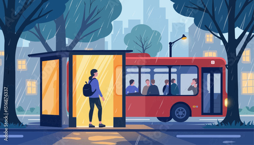 Person waiting at bus stop in rainy urban setting