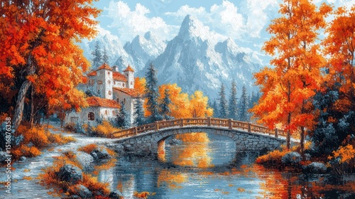 Autumnal mountain scenery with castle and bridge
