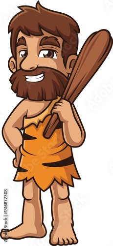 Cartoon young caveman with wooden bat vector illustration