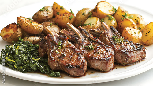 Grilled Lamb Chops with Roasted Potatoes and Sauteed Greens