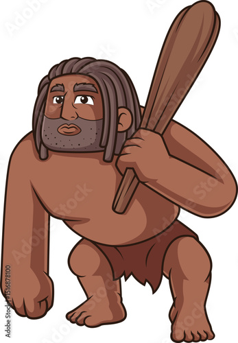 Cartoon primeval man with dark skin and wooden club vector illustration