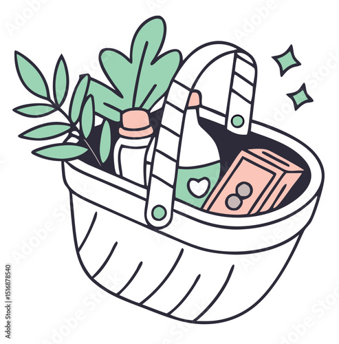 Adorable picnic basket filled with drinks food and greenery