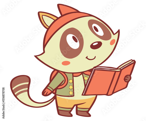 Adorable cartoon raccoon reading a book wearing cute outfit