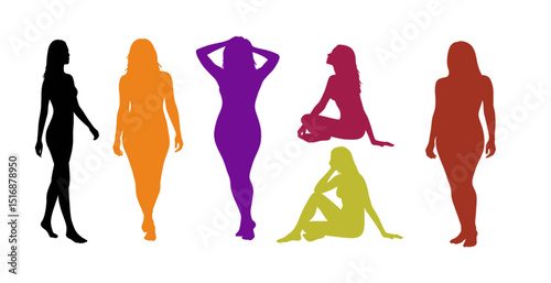 Colorful Silhouette Set of Women in Various Poses | Diverse Female Figures for Fashion, Lifestyle, and Body Positivity Concepts