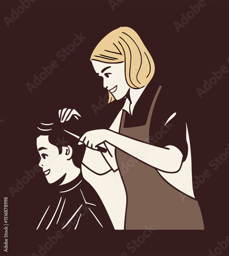 Barber giving a happy boy a haircut in a stylish salon
