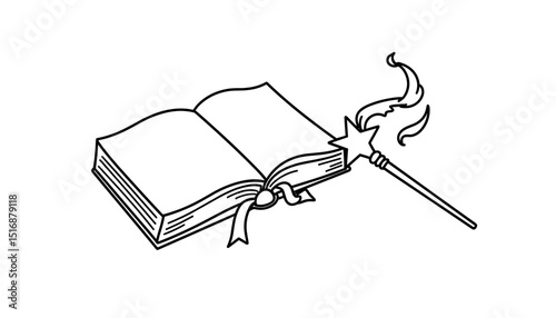 Open storybook with a magic wand and flame illustration  