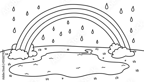 Black and white drawing of rainbow over puddle with raindrops  