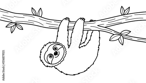 Cute sloth hanging upside down from a branch in a coloring book style  