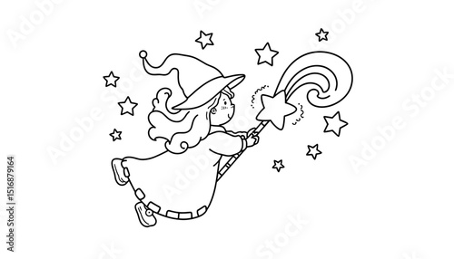 Young girl with a wand flying among stars in a magical scene - Concept of Children's Coloring  