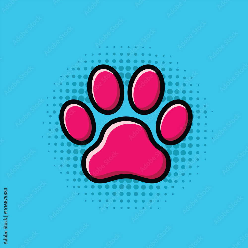 Naklejka premium cute paw print pop art symbol vector with vibrant cyan background and halftone dot pattern