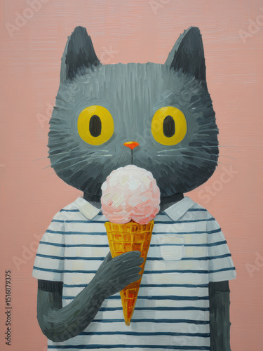 Gray cat character enjoys ice cream while wearing a striped shirt against a pastel background