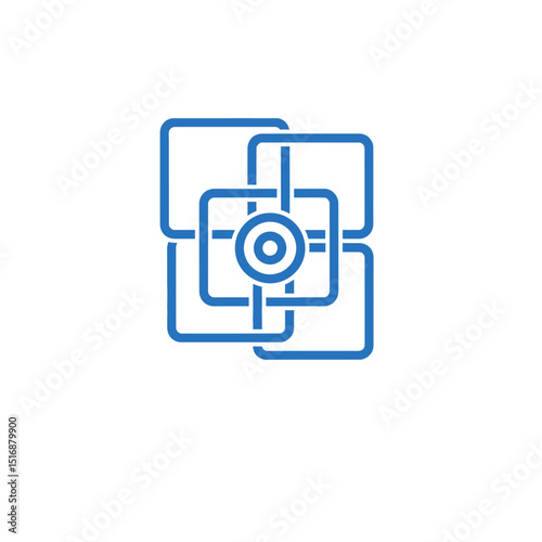 Blue square outline design with intersecting lines and a circle in the center on white background