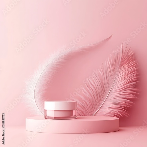 Stylish cosmetic product photography pink lipstick and soft feathers feminine skincare design picture