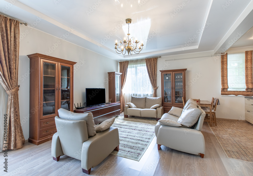 Fototapeta premium Bright Modern Home Living Room with Classic Furniture and Elegant Decor Elements