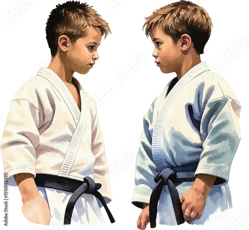 Two small judo boys sparring partners in white judogi kimono and black belt look at each other before wrestling fighting match.Vector watercolor isolated clipart judoka drawing.Sport.Martial art.Print