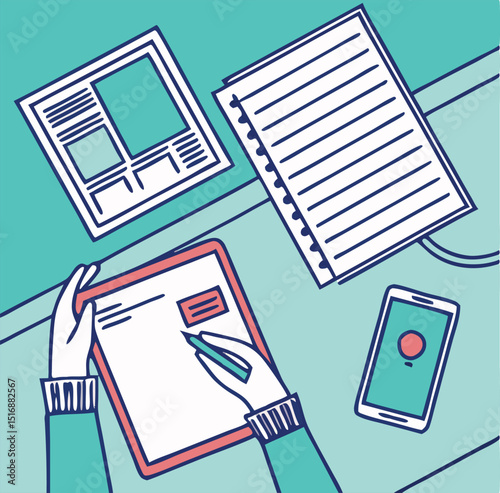 Businessperson writing on clipboard amongst paperwork and smartphone