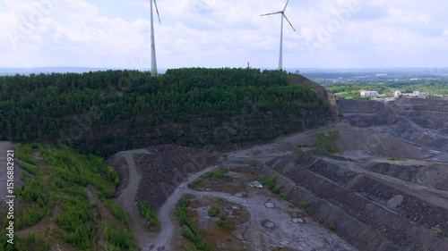 Drone view of a wind turbine in Osnabrueck, Germany (Rundwanderweg Piesberg Nord)