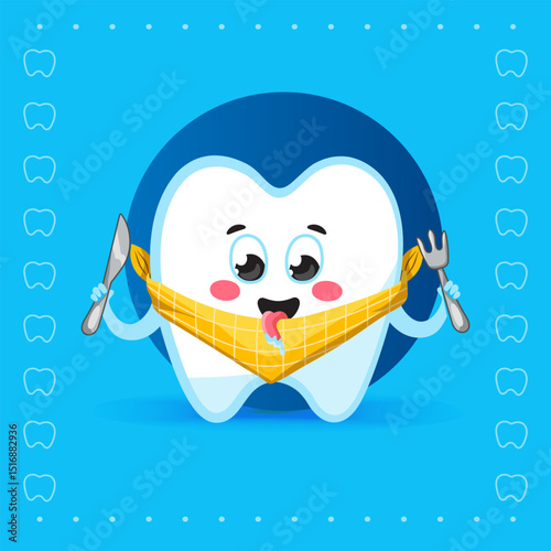 Cute Hungry Tooth Character with Bib on Blue Background