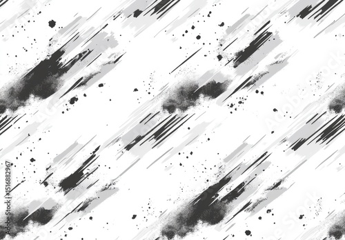 Abstract, diagonal brushstrokes and splatters on white background
