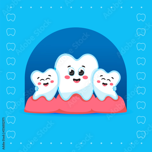 Three Cute Tooth Characters Hugging on Blue Background
