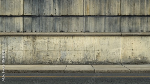 Urban concrete wall with a textured surface and a clean sidewalk below, showcasing a blend of muted tones that create a modern, minimalistic architectural aesthetic. photo