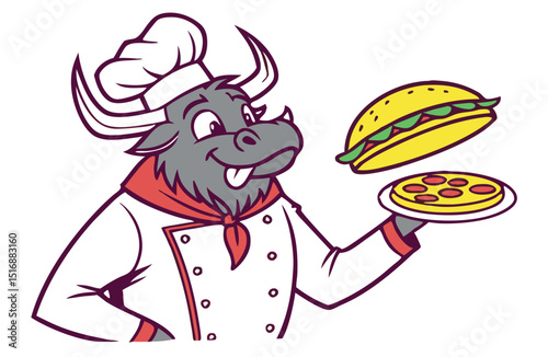 Cartoon chef bull preparing pizza and burger for tasty meal