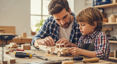 A father and son are building a wooden truck together at a work table, creating a toy.