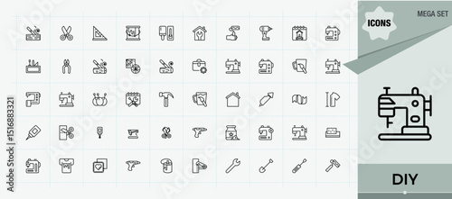 Diy icon pack. Handcraft icon set. Minimalist linear icons. Contain linear sign hand-made, equipment, workshop, craft, homemade, paint and more. Editable stroke. Vector illustration.