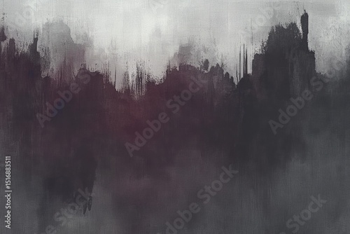 Abstract city skyline, muted colors, textured brushstrokes