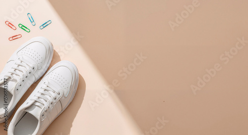 White sneakers on a beige background with colorful paper clips scattered  