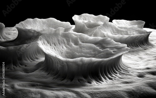 Abstract grayscale image of sculpted, organic forms resembling alien landscapes