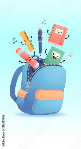 Cartoon backpack filled with school supplies and happy stationery  