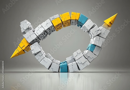 Abstract, 3D graphic design; interlocking blocks forming a continuous, twisting arrow shape
