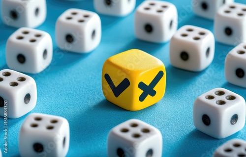 Yellow die with check and cross marks surrounded by white dice