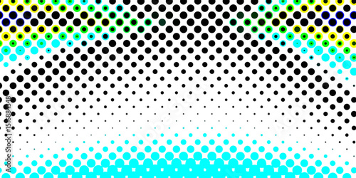 Overlay grunge distress halftone monochrome texture of light and smooth colorful dots, cyan and black dotted color circle halftone abstract geometric dots pop art seamless texture background.