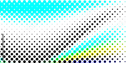 Overlay grunge distress halftone monochrome texture of light and smooth colorful dots, cyan and black dotted color circle halftone abstract geometric dots pop art seamless texture background.