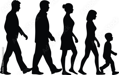 Silhouette of a Walking Family in Profile View

