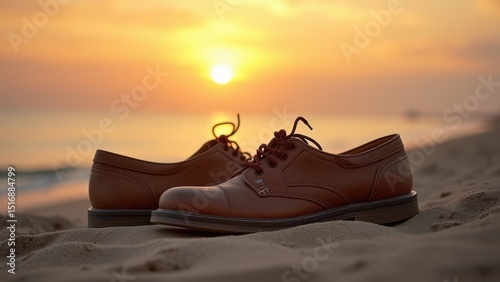 Worn shoes resting on a sandy beach at sunset, evoking travel memories