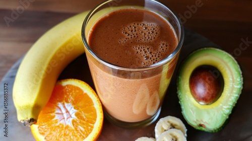 Delicious chocolate smoothie in a glass, surrounded by fresh bananas, avocado, orange, and sliced banana, offering a nutritious and vibrant meal option for health enthusiasts. photo