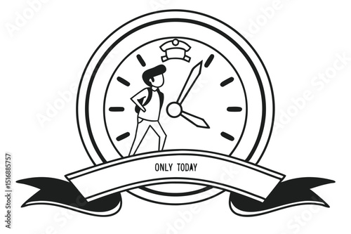 Retro Clock Emblem with Businessman and “Only Today” Ribbon


