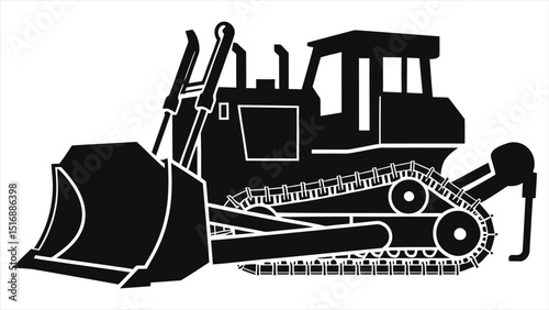 Vector silhouette illustration of a black bulldozer./A simple, black silhouette of a bulldozer against a white background.