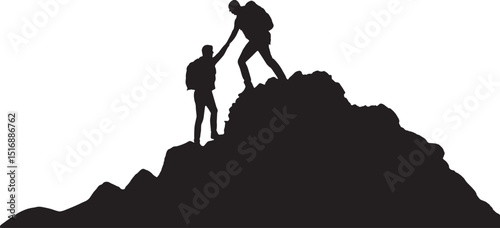 Mountain Climbers Helping Hand Silhouette - Teamwork Vector