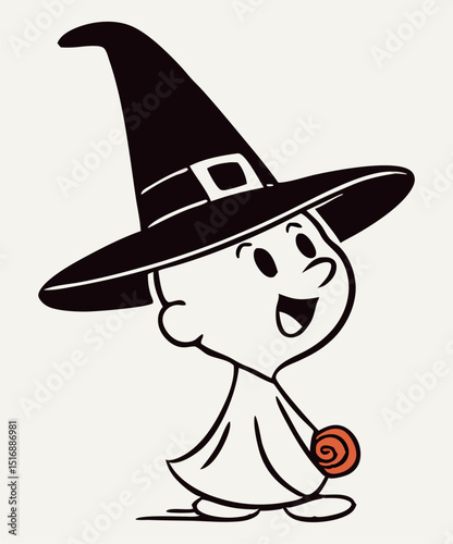 Cartoon witch boy smiling and holding a halloween treat