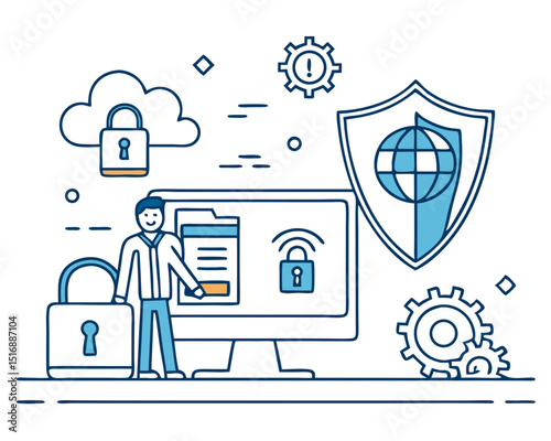 Flat Line Design Website Banner of Online Security, Data Protection, Antivirus Software, Cloud Computing