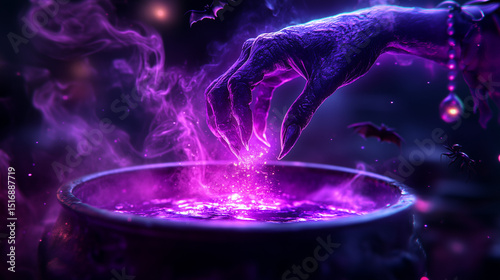 Witch hand casting spell over glowing cauldron in dark fantasy scene