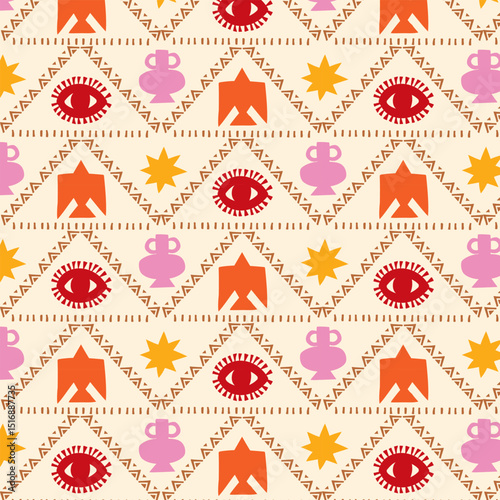 Ethnic summer tropical retro hand drawn pattern.