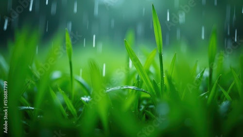 Refreshing Rainfall: Close-up of Raindrops and Dew on Lush Green Grass