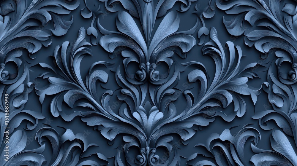 Elegant baroque seamless pattern. Abstract floral geometric ornament with curly elements, foliage, leaves. Vector background in rococo, revival, renaissance, damask style. Repeated dark blue design Elegant baroque seamless pattern. Abstract floral geometric ornament with curly elements, foliage, leaves. Vector background in rococo, revival, renaissance, damask style. Repeated dark blue design