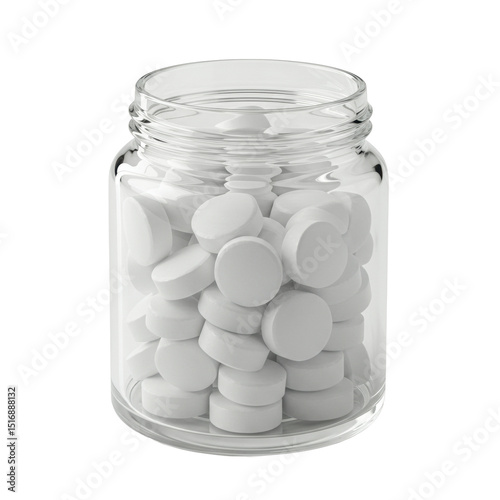 Ultra realistic uhd photo of round toothpaste tablets in a transparent glass jar, 3/4 view, standalone full object on a white plain isolated background with clear contours, no shadows, concept for