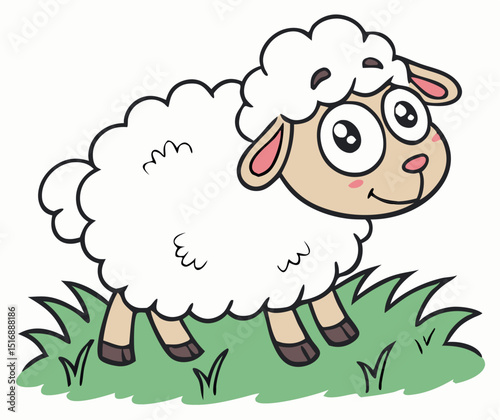 Cheerful cartoon sheep grazing on green grass illustration